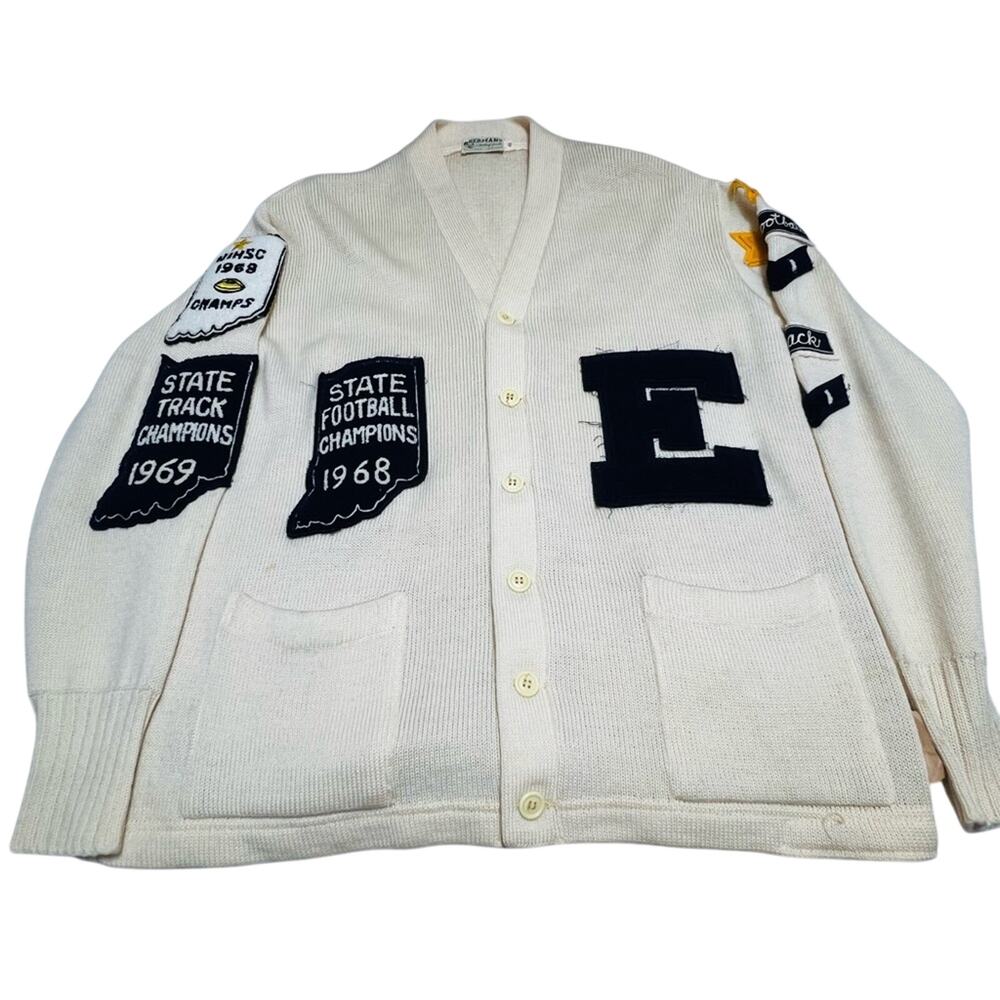 VTG 60s Elkhart High Letterman Varsity Cardigan Sweater 1/1 RARE Football Track